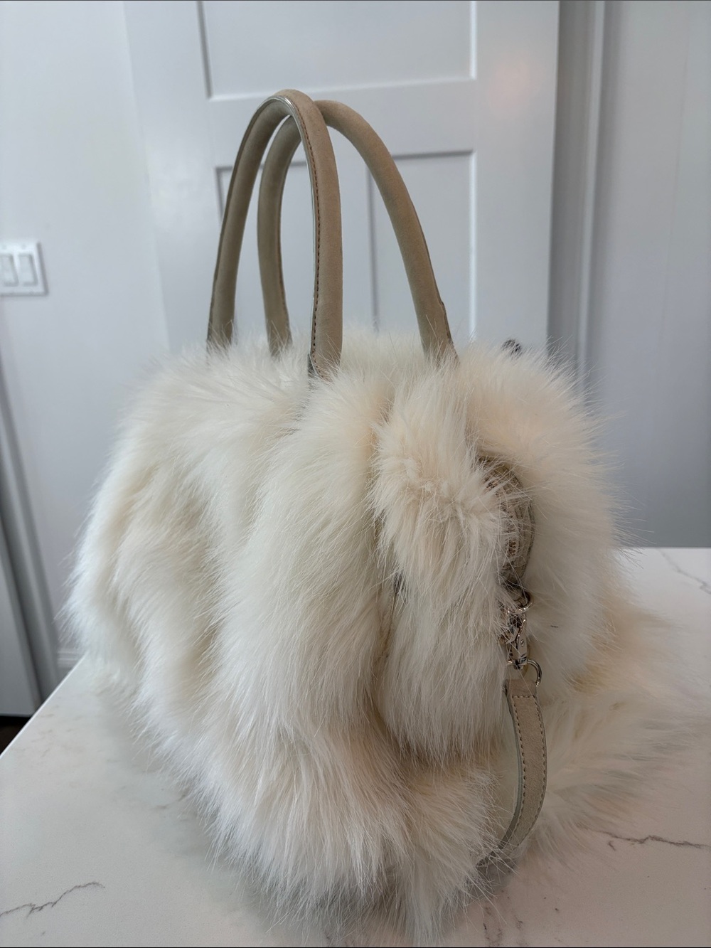 Ann Taylor Ivory Plush Faux Fur Satchel Large Handbag Purse - Picture 5 of 11